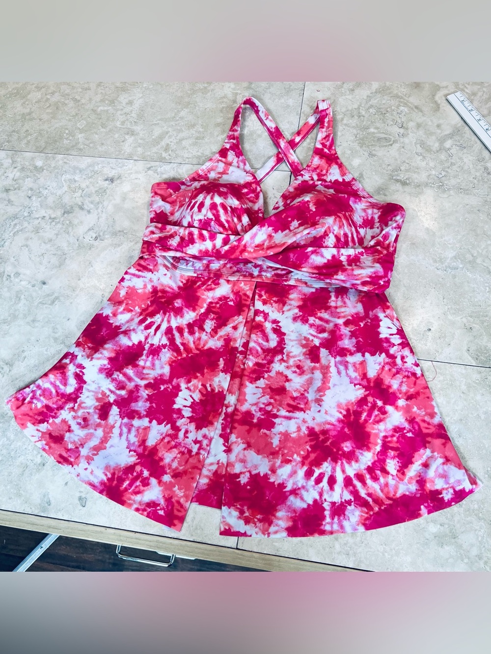 Kim Gravel Swimsuits For All Pink Tie-Dye Tankini Top Set W/Swim Skirt 16 2 Pc
